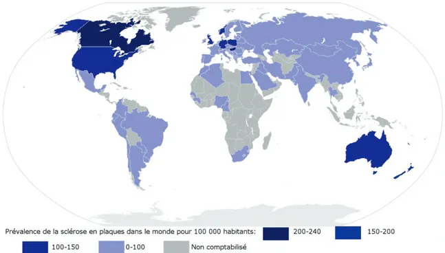 Fig 1 : répartition géographique mondiale du risque de Sclérose en plaques. 