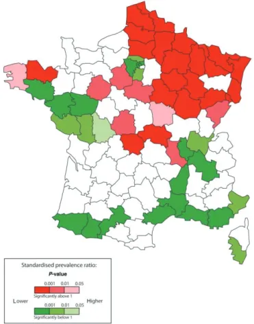 Fig 2 : Répartition nationale de la prévalence de SEP en France. 