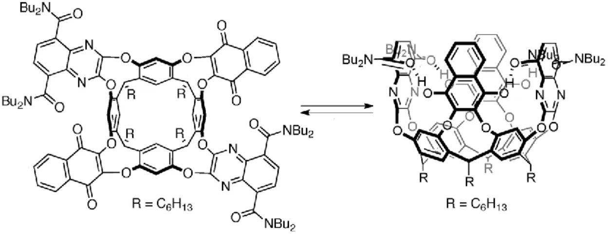 Figure 5. Agrafe moléculaire de résorci[n]arène en a) forme ouverte (oxydée) et en b)  forme fermée (réduite)