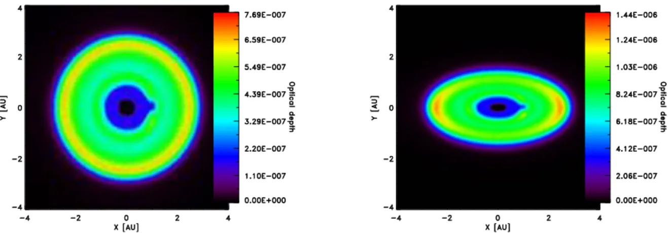 Figure 1. Geometric optical depth for two representative 1-zodi disk models, showing the resonant dust structures created by an Earth-like planet orbiting on a circular orbit at 1 AU from the star with an inclination of 0 ◦ (left figure) and 60 ◦ (right fi