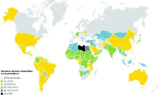 Figure  2 :  Prévalence  dans  le  monde  du  surpoids  chez  les  enfants  de  moins  de  5  ans  en  2014  