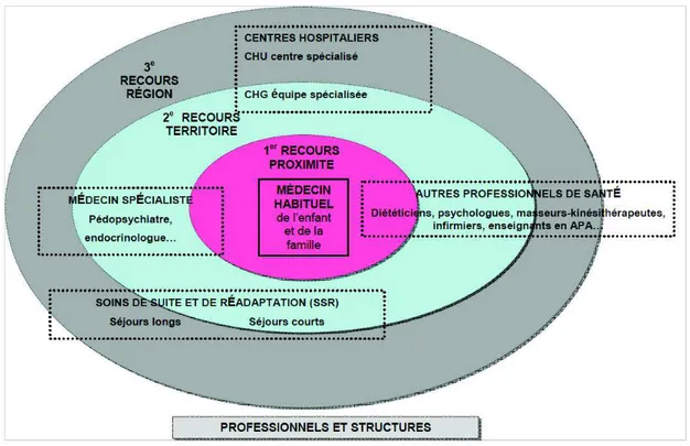 Figure  5 :  Coordination  de  la  prise  en  charge  multidisciplinaire  à  travers  les  différents  niveaux  de  recours« D’après Recommandations de bonne pratique pour le surpoids et l’obésité de l’enfant et de  l’adolescent, HAS, Septembre 2011 » 