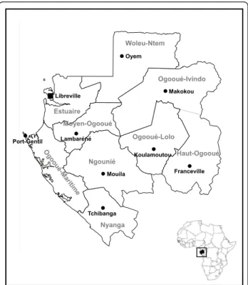 Figure 1 Map of Gabon, central Africa, with provinces and main cities. In grey, provinces; square, capital; circles, main cities.