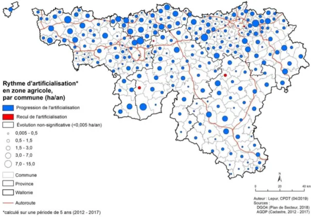 Figure 15. Rythme d'artificialisation en zone agricole, par commune et par an (Coszach, E