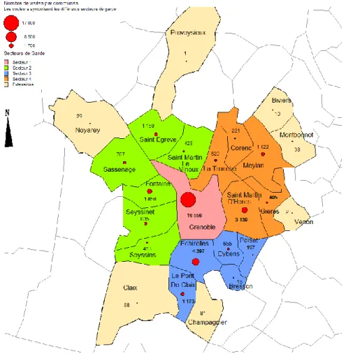 Figure 3: Carte illustrant les différents secteurs de garde couverts par SOS Médecins ainsi que le nombre total de visites  par communes