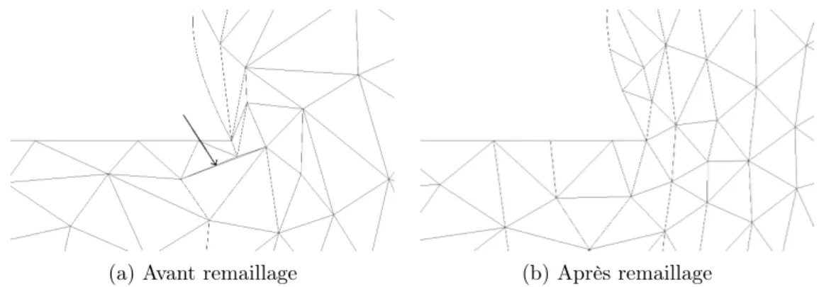 Figure 2.7: Effet du remaillage sur la géométrie actualisée : (a) maillage contenant des élé- élé-ments très déformés et (b) maillage optimisé