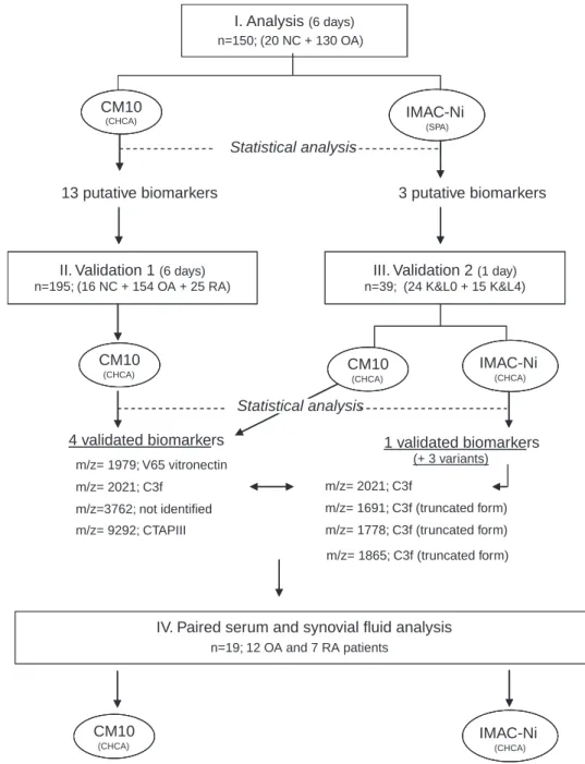 Figure 1  Strategy – 150 serum samples used for analysis were loaded on CM10 and IMAC-Ni ProteinChip arrays