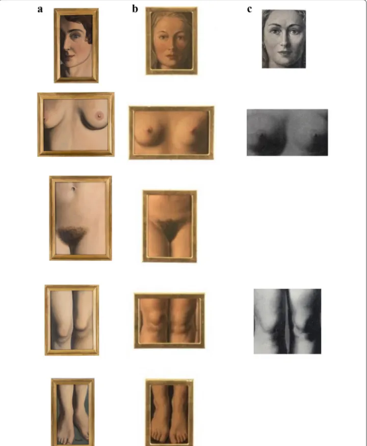 Fig. 2  L’évidence éternelle. a  L’évidence éternelle, 1930, oil on five canvases, 22 × 12, 19 × 24, 27 × 19, 22 × 16, 22 × 12, RMCR  n ◦ 327  [10] ©Charly  Herscovici, Belgium