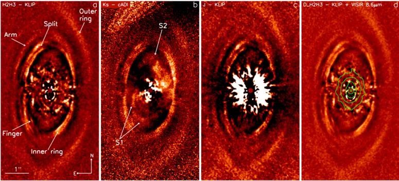 Fig. B.1. Reduced images of the disk around HD 141569A. a) Wide field of view obtained in H2H3 (KLIP reduction, annotation from Mazoyer et al