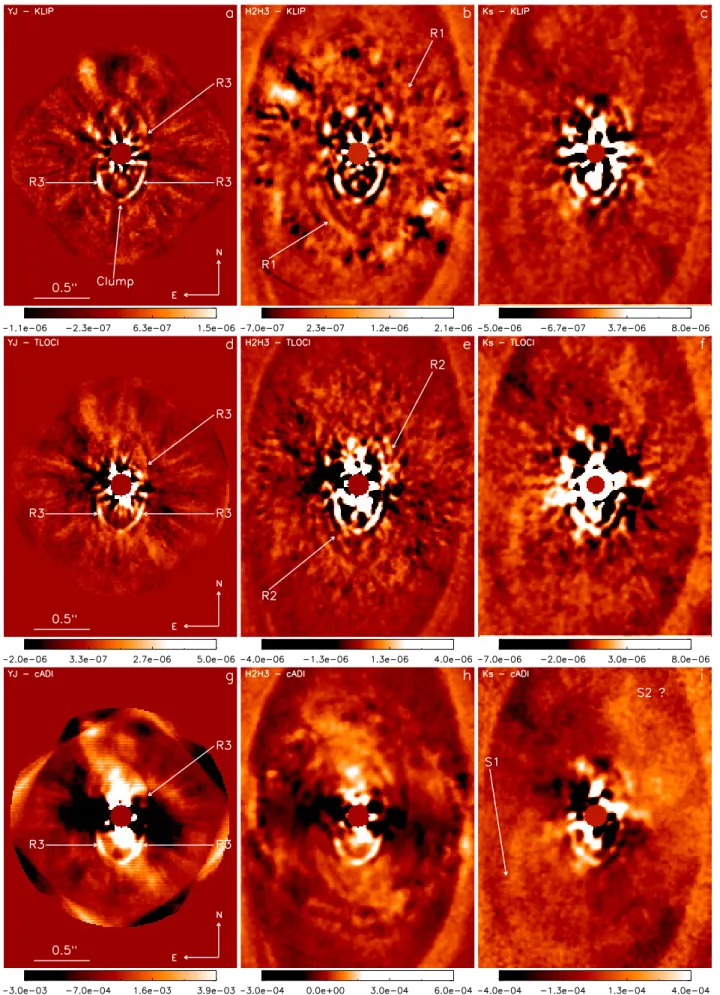 Fig. B.2. Images of the central part of the system in YJ (left column), H2H3 (middle column), and Ks (right column) bands with three di ff erents post-processing: KLIP (top row), TLOCI (middle row), and cADI (bottom row)