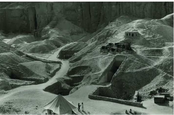 Fig. 8: the entrance to the tomb of Tutankhamun, in the forefront, on the right, below the one to the tomb of Ramesses V–VI (KV 9), which protected  its access for a long time