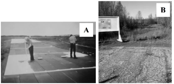 Figure 2.17 : Section d’essai près de Fairbanks durant l’application de la peinture à gauche et  après 30 ans à droite (Beaulac et Doré, 2006) 