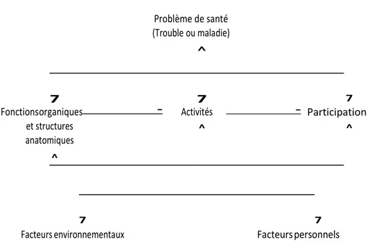 Figure 3 : Interactions entre les composantes  Problème de santé  (Trouble ou maladie)  Fonctions organiques   -  et structures  anatomiques  ^  Activités ^  7   -  Participation ^  7  7 