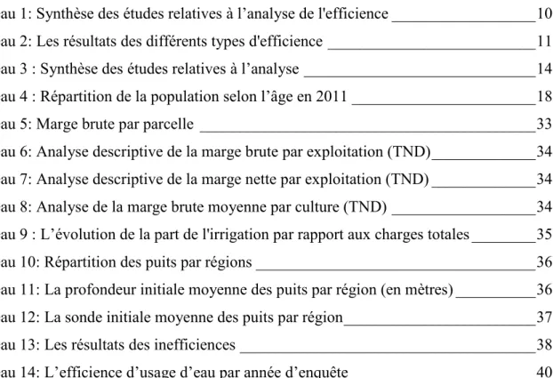 Tableau 1: Synthèse des études relatives à l’analyse de l'efficience __________________ 10  Tableau 2: Les résultats des différents types d'efficience __________________________ 11  Tableau 3 : Synthèse des études relatives à l’analyse ____________________