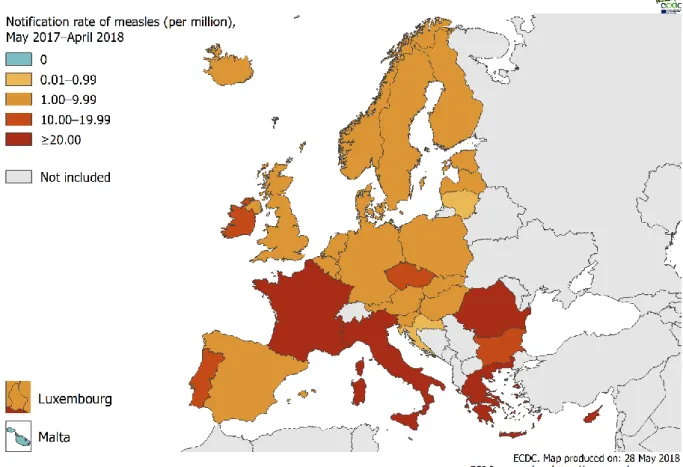 Figure 4. Taux d’incidence, par pays, de la rougeole par million d'habitants, entre mai 2017 et avril 2018 en Europe  (Source ECDC mai 2018)