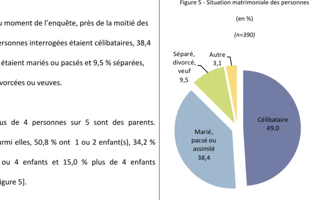 Figure 5 - Situation matrimoniale des personnes   (en %)  (n=390)  Célibataire Marié,  49,0 pacsé ou  assimilé 38,4Séparé, divorcé, veuf9,5 Autre3,1