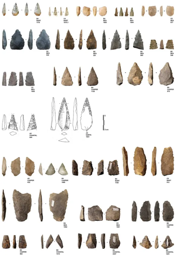 Fig 4. Sibudu basal deposits—Overview of all serrated pieces. Analysed serrated pieces (rows 1–4);