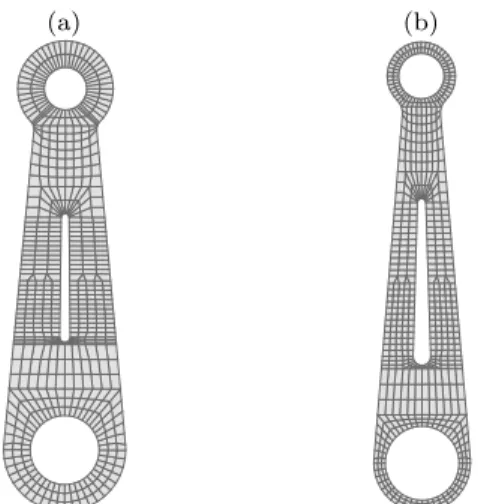 Fig. 20 Optimal design of the connecting rod for the Max formulation (Eq. 30): (a) Initial design, (b) Optimal design.