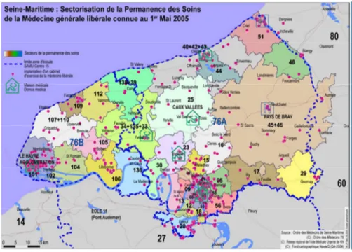 Figure 7: cartographie de la sectorisation de la PDSA en Seine-Maritime en 2005(24) 
