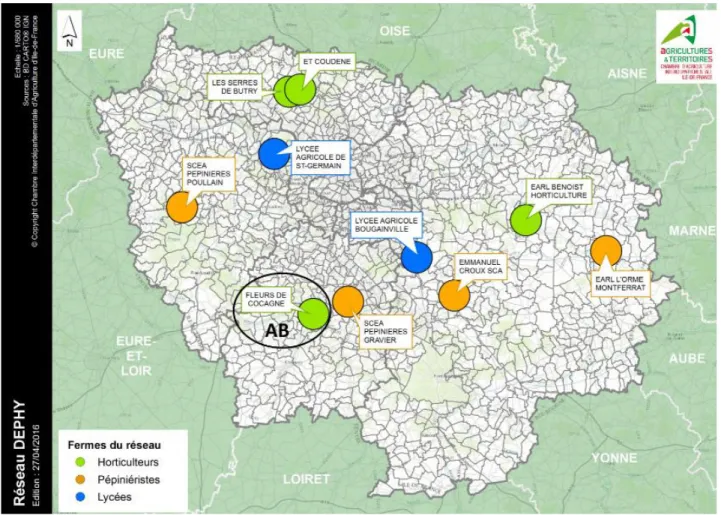 Figure 5 - Cartographie de la répartition des entreprises du réseau DEPHY FERME Horticulture &amp; Pépinière Ile-de-France –  source : CAR-IDF 