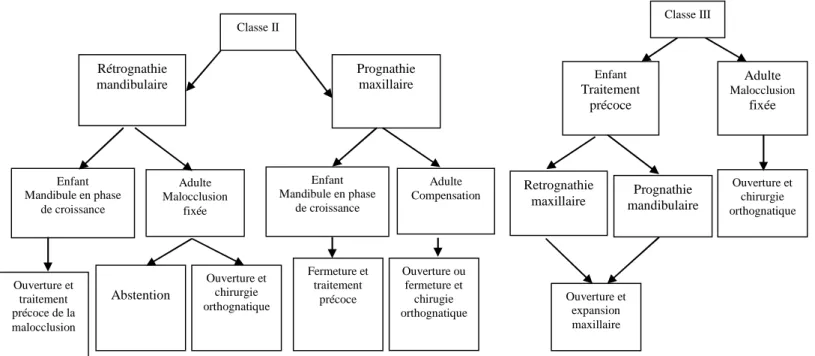 Fig. 1.15. Arbre décisionnel pour le traitement des agénésies en fonction de la classe squelettique du patient (Philip-Alliez et al., 2011).