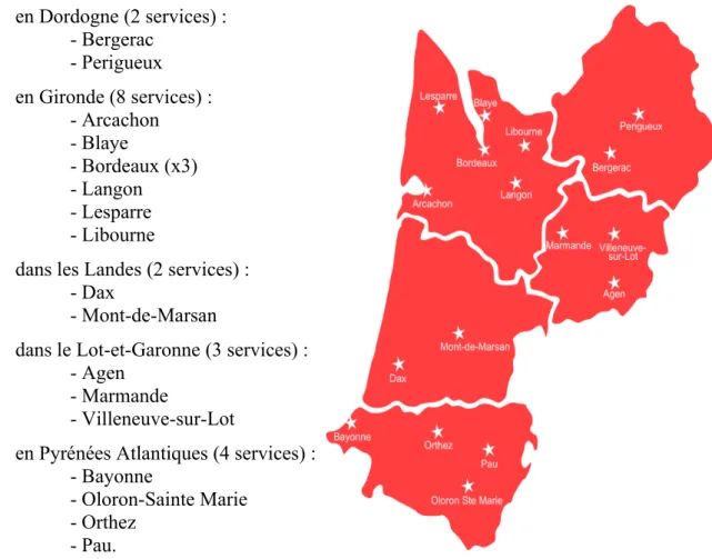 Figure 2. Carte des services d'urgences d'Aquitaine  accueillant des internes.
