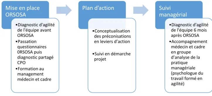 Figure 4 : Coordination passation d’ORSOSA et formations au management Mise en place ORSOSA•Diagnostic d'agilité de l'équipe avant ORSOSA•Passation questionnaires 0RSOSA puis diagnostic partagé  CPO•Formation au management médecin et cadrePlan d’action•Con