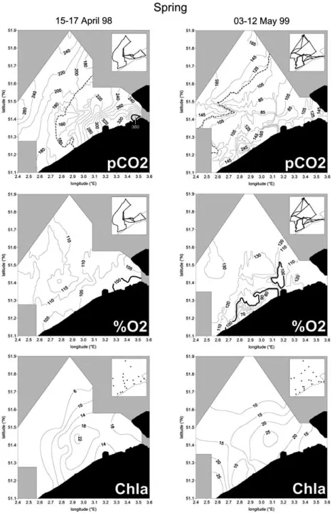Figure 5. Spatial distribution of pCO 2 (µatm), oxygen saturation level (%) and chlorophyll-a concentration (µg l − 1 ) off the Belgian coast in spring