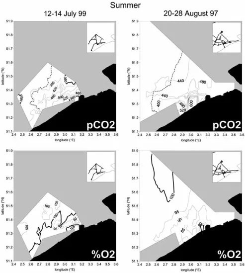 Figure 6. Spatial distribution of pCO 2 (µatm) and oxygen saturation level (%) off the Belgian coast in summer
