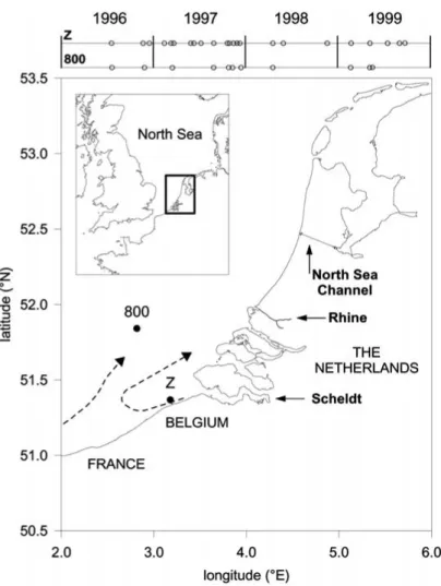 Figure 1. Map of the study site showing the locations of the Zeebrugge reference station (Z: 3.18 ◦ E 51.37 ◦ N) and the 800 reference station (2.87 ◦ E 51.84 ◦ N) and their sampling frequency