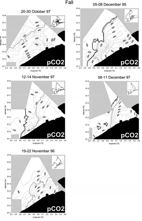 Figure 3. Spatial distribution of pCO 2 (µatm) off the Belgian coast in fall. The salinity 34 isopleth is represented by a dotted line