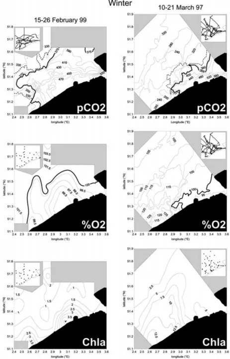 Figure 4. Spatial distribution of pCO 2 (µatm), oxygen saturation level (%) and chlorophyll-a concentration (µg l − 1 ) off the Belgian coast in winter