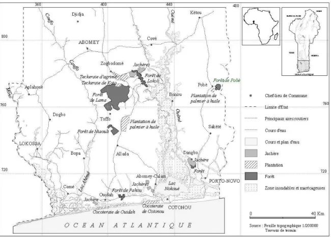 Figure 1. Situation du Bénin en Afrique de l’Ouest, de la région d’étude et des sites d’étude au Bénin 