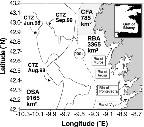 Figure 1. Map of the study region. The dashed line corresponds to the 200 m isobath (i.e., the shelf break)