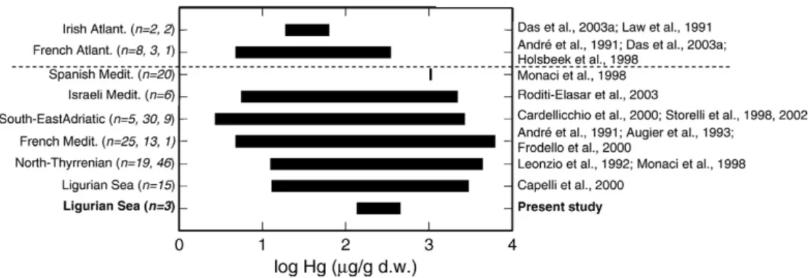 Fig. 2 – Comparison between this study and literature data regarding mercury concentrations in Stenella coeruleoalba liver.