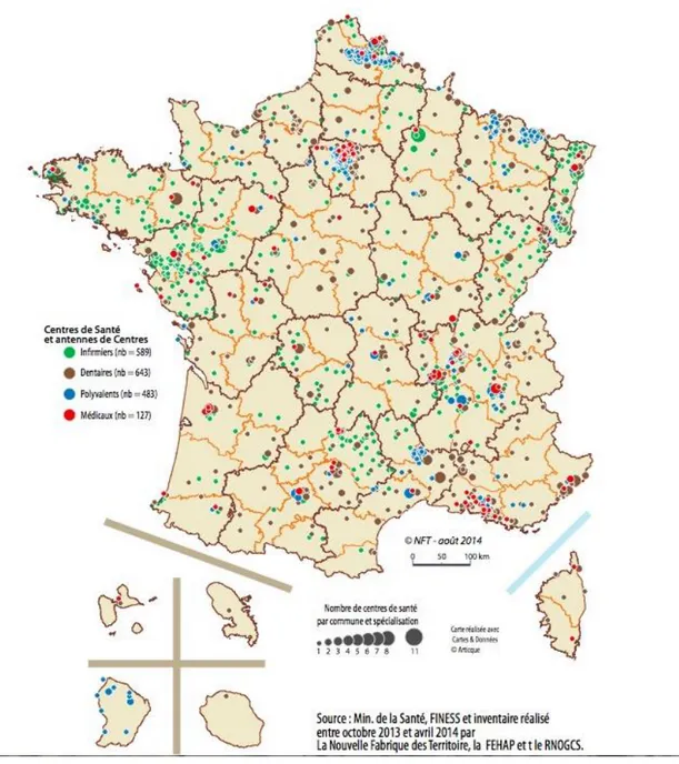 Figure 5 : Les 1842 centres de santé et antennes de centres de santé en France 