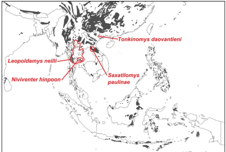 Fig. 1. Limestone karsts in Southeast Asia (dark grey) and distribution of Southeast Asian Murinae rodents endemic to limestone karsts (red): Leopoldamys neilli (distribution according to Latinne et al., 2011, 2012), Niviventer hinpoon (Lekagul &amp; McNee