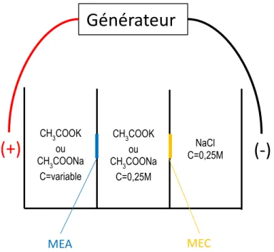 Figure 4: Représentation schématique du réacteur d'électro-activation (MEA: Membrane  échangeuse d'anions) (MEC: Membrane échangeuse de cations) 