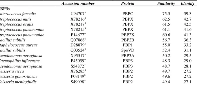 TABLE I Proteins isologous to the E. hirae PBP3s, MraY, MurG, FtsQ, FtsA and FtsZ. The percentages of amino acid similarity and identity were calculated with the BESTFIT algorithm