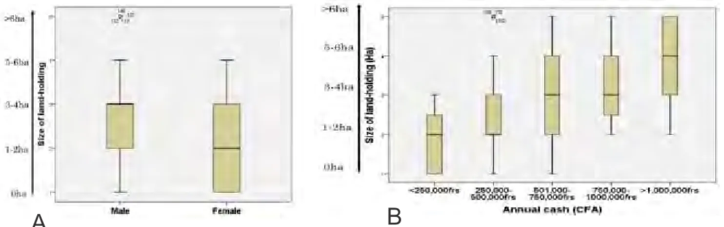 Fig. 1: Showing how the size of landholding relates to gender (a) and income (b)