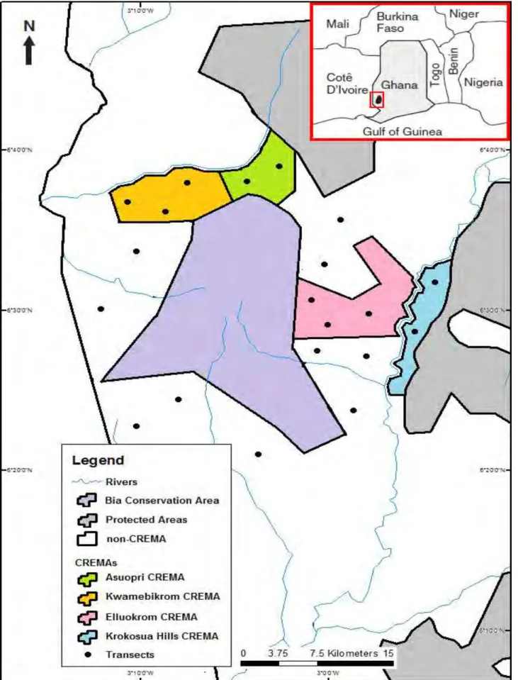 Figure 1: Map of study area showing the distribution of transects.