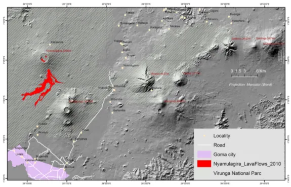 Figure 1. Location of the Virunga region with the Nyamulagira volcano and 2010 lava flows indicated in red.
