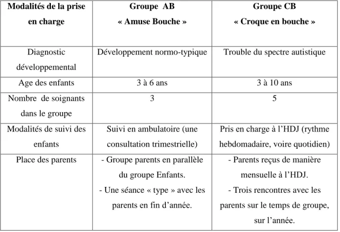 Tableau A : comparaison des groupes « Amuse Bouche » et « Croque en Bouche »  Modalités de la prise  en charge  Groupe  AB  « Amuse Bouche »  Groupe CB  « Croque en bouche »  Diagnostic  développemental 