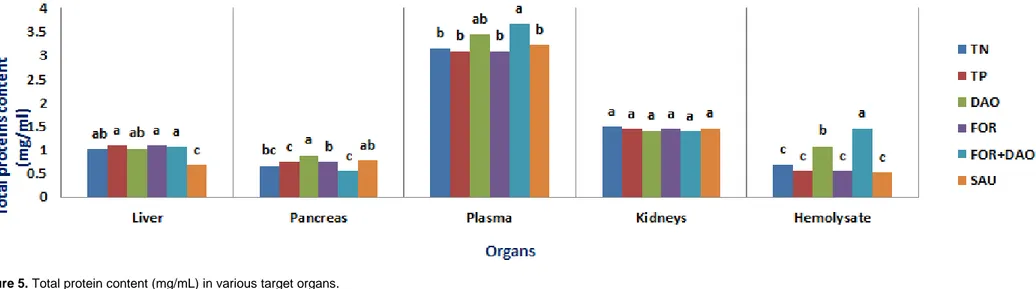 Figure 5. Total protein content (mg/mL) in various target organs. 