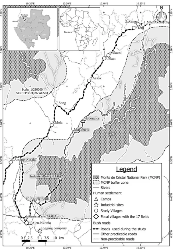Fig 1. (Study site, TIF file): Mont de Cristal National Park (MCNP) and its buffer zones