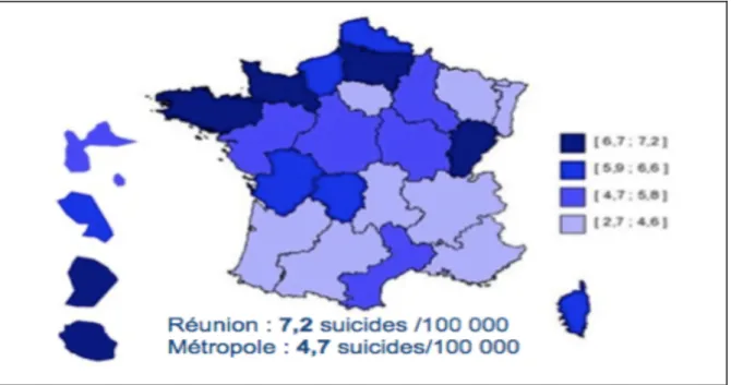 Figure   2.   Représentation   du   taux   standardisé   de   mortalité   par   suicide   chez   les   10-­‐24   ans    selon   les   régions   françaises