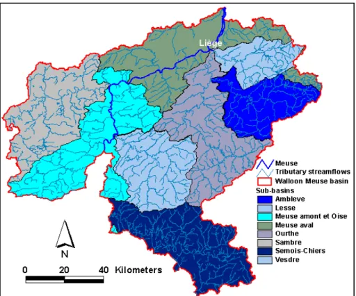 Figure 3.2. Sub-basin division and streamflow network in the Walloon Meuse basin.