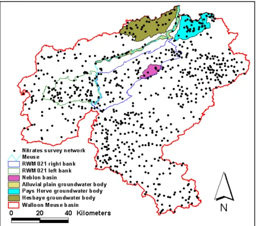 Figure 3.5. Location of groundwater bodies pre-selected for TREND 2: Cretaceous chalk of  Hesbaye (RWM 040); Cretaceous chalk of Pays Herve (RWM 021); alluvial plain of the river Meuse (RWM 072 and RWM 073); Néblon basin (part of the synclinorium of Dinant