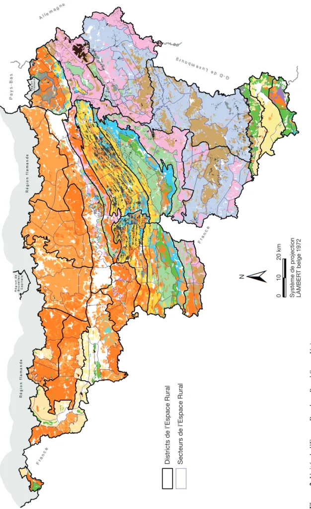 Figure 2. Unités de l’Espace Rural —Rural Space Units. La carte de fond est une généralisation de la carte des Principaux Types de Sols de Wallonie (Figure 1) —The background map is a generalization of the Map of Main Soil Types of  Wallonia (Figure 1).