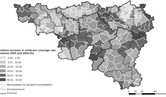 Figure 3 : Relative increase in child care coverage rate between 2005 and 2009 across municipalities